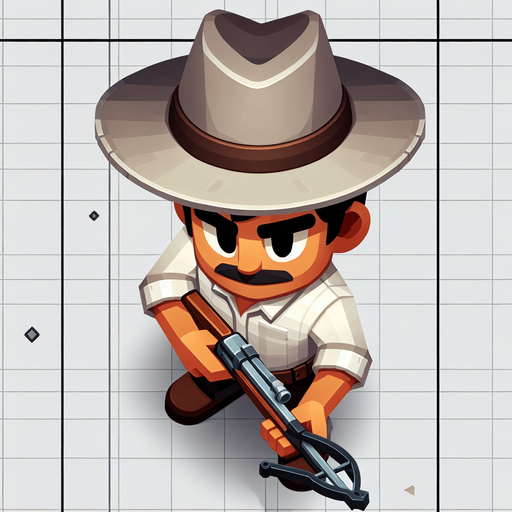 A man with a crowwbow in a hat from above cartoon style.
Single Game Texture. In-Game asset. 2d. Blank background. High contrast. No shadows.