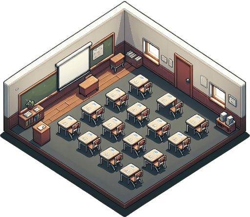 A school classroom from above.
Single Game Texture.  In-Game asset.  2d.  Blank background.  High contrast.  No shadows