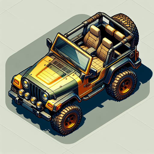 Jeep car cartoony, top down view.
Single Game Texture. In-Game asset. 2d. Blank background. High contrast. No shadows.
