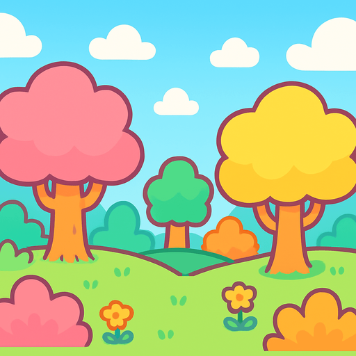 Un fondo colorido y brillante estilo caricatura. La escena es un bosque abierto alegre con colores pastel vibrantes, formas suaves y redondeadas, y un cielo azul claro con nubes esponjosas. El estilo es kawaii, juguetón y fantástico, con líneas suaves y una atmósfera feliz y amigable, perfecto para una introducción divertida y cute de un juego.
In-Game asset.  2d.  High contrast.  No shadows