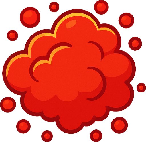 Red particle cloud. Cartoon. Bright outline. Single Game Texture. In-Game asset. 2d. Blank background. High contrast. No shadows.