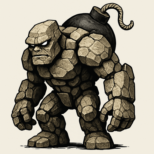un golem de piedra ultra realista con una bomba en la espalda.
In-Game asset.  2d.  High contrast.  No shadows