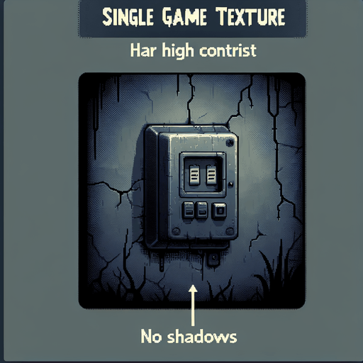 an eerie wall fusebox
Single Game Texture. In-Game asset. 2d. Blank background. High contrast. No shadows.