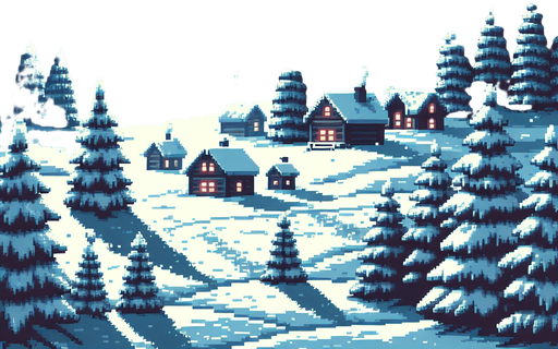 gif pixel art for game background, snow on the ground, houses in the far background and moonligh, trees on the left and right, cozy Christmas atmosphere Single Game Texture. In-Game asset. 2d. Blank background. High contrast. No shadows.
