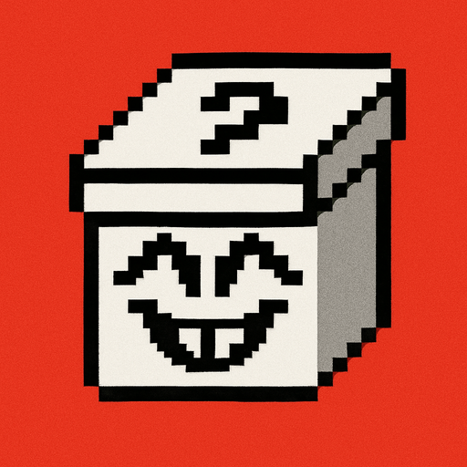Una caja sorpresa cerrada en blanco y negro pixeleado en 16x16 pixeles, en la caja hay un dibujo de unos ojos y sonrisa de Jevil de deltarune. el fondo de la imagen es de color rojo
