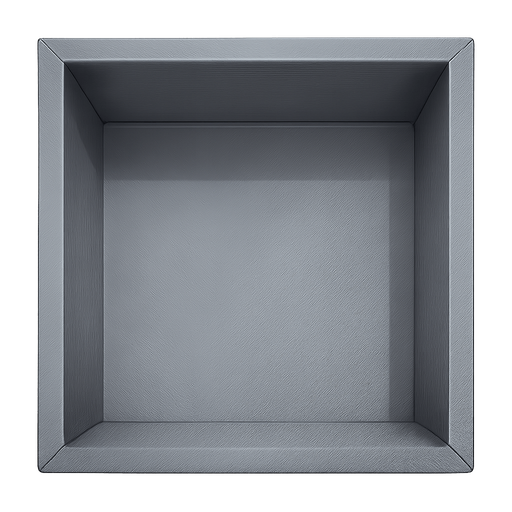 “Top-down view of a steel box with a smooth metallic surface, subtle reflections, and sharp clean edges. The box should appear sturdy and industrial, with a slightly brushed texture on the steel. Lighting highlights the metal’s cool gray color and gives depth to the edges. Minimal shadows inside the box, set against a plain light background.”. No background. Transparent background. Blank background. No shadows. 2d. In-Game asset. flat