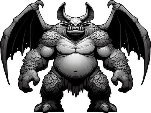Create a monster that is half bat half ogre.
Single Game Texture. In-Game asset. 2d. Blank background. High contrast. No shadows.