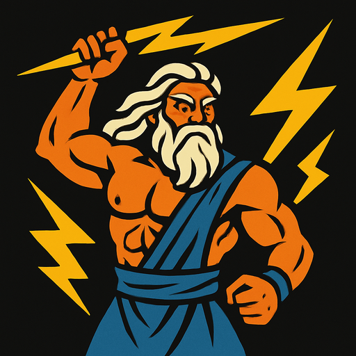 güçlü bir yıldırım tanrısı olan zeus çiz.
In-Game asset.  2d.  High contrast.  No shadows