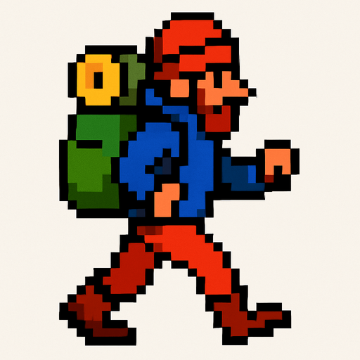 Personaje que sea un alpinista pixelado con una gran mochila que este en movimiento caminando 
In-Game asset.  2d.  High contrast.  No shadows
