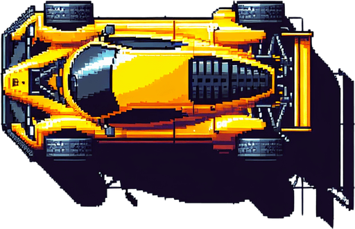 Top-down view of a yellow racing car, pixel art style, 64x64, arcade-style graphics, sharp and fast-looking design".top down view
Single Game Texture.  In-Game asset.  2d.  Blank background.  High contrast.  No shadows