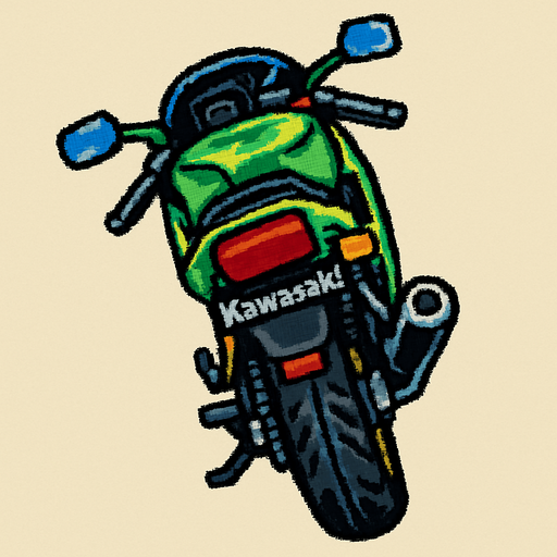 bir kawasaki motoru arkadan bakıldığında yukarıdan aşağıya gta2 tek oyun dokusu . oyun içi varlık. 2d. boş arka plan. yüksek kontrast. gölge yok.  motor perspektif olarak sağa yatık olsun.
In-Game asset.  2d.  High contrast.  No shadows