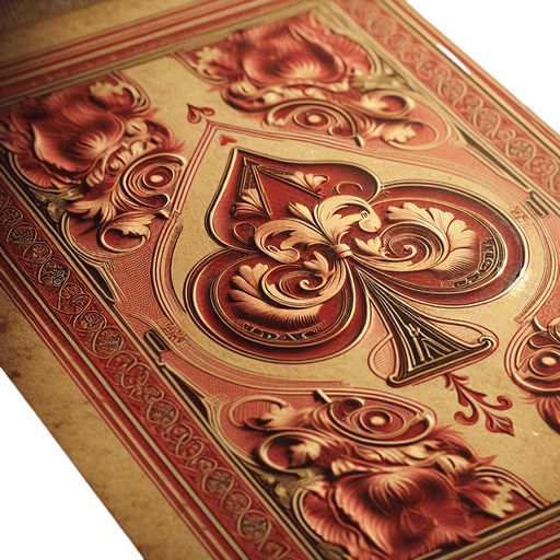 The back of a card. It's a faded red color and features a beautiful gold Edwardian design. The cards look slightly old, as if used for many years..
Single Game Texture. In-Game asset. 2d. Blank background. High contrast. No shadows.