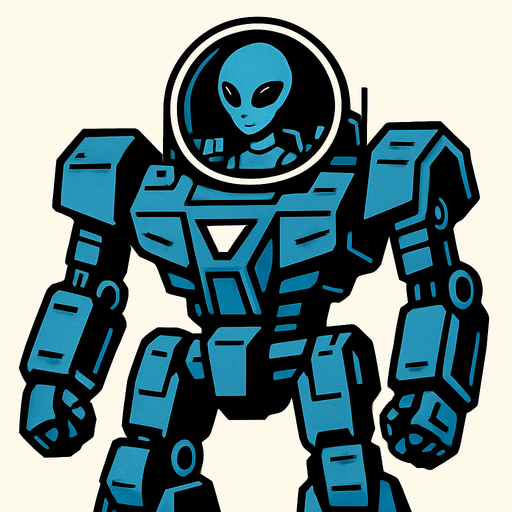 Giant space robot with grey alien controlling it from cockpit in head
In-Game asset.  2d.  High contrast.  No shadows