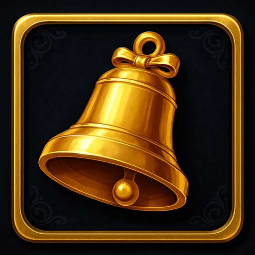 Crea un asset visual completo para el símbolo 'D' de Megaways: una Campana Dorada, directamente sobre su panel de fondo.

Diseño General:

Forma: Un panel cuadrado o ligeramente redondeado.

Fondo del Panel: Terciopelo oscuro (negro o azul noche) o un metal pulido muy oscuro.

Borde: Un borde elegante dorado o plateado alrededor del panel.

Detalles del Fondo: Puede tener un patrón sutil de filigrana de casino en las esquinas del panel.

Símbolo Central (la Campana):

Una campana clásica de tragamonedas, con un acabado dorado metálico y pulido, posicionada centralmente.

Debe tener un brillo sutil y un diseño elegante.

Puede tener un pequeño lazo o detalles decorativos..
In-Game asset.  2d.  High contrast.  No shadows