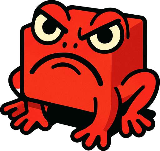 an angry isometric red square bullfrog character for a casual mobile game, facing the camera directly.
In-Game asset.  2d.  High contrast.  No shadows
