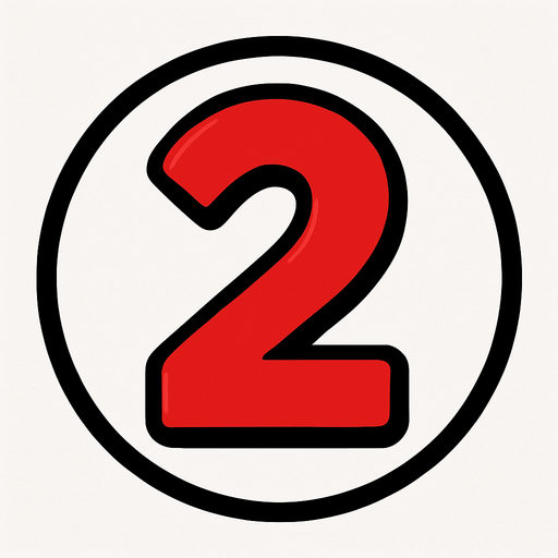 Numero 2 de color rojo dentro de un circulo blanco..
In-Game asset.  2d.  High contrast.  No shadows. Cartoon 2D