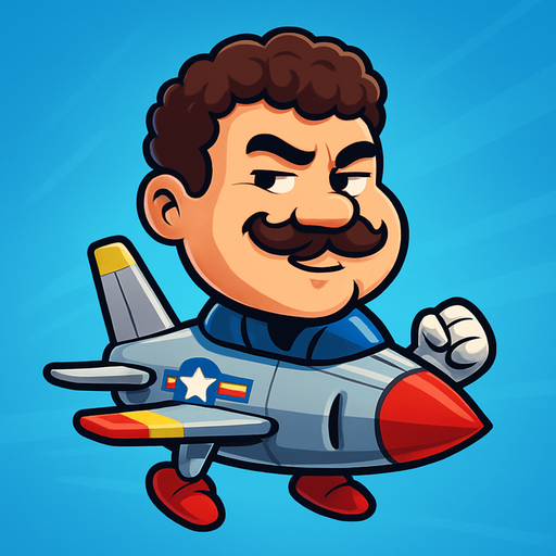 Design a cartoon-style character inspired by Head Ball characters, but themed as a fighter jet. The character should have an oversized head (like in the original Head Ball game), but instead of a human body, the head is mounted on a small cartoon fighter jet body. The jet should be stylized and playful, with exaggerated features like short wings, colorful decals, and a compact, fun shape. The cockpit should seamlessly blend into the character's neck or jawline area. The jet can have arms coming out from the sides of the fuselage like wings, and the rear part can have feet-like tail fins resembling shoes.
The overall design should feel dynamic, energetic, and arcade-like, as if mid-flight in a blue sky or cockpit environment.

The face should be: A cartoon-style floating head of a chubby young man with a round, soft face. He has thick curly short hair, a bushy mustache, and a mischievous half-smile with slightly squinted eyes. His cheeks are full, and his expression is confident and che.
In-Game asset.  2d.  High contrast.  No shadows