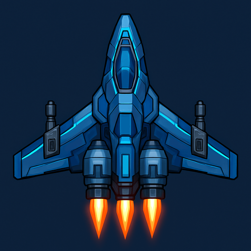 Upgrade the Level 1 ship into a more capable 2D top-down design. Add wing extensions with subtle glowing lines, a larger engine section with animated thrusters, and two visible weapon hardpoints. Add more color variation (blues, steel, light glow effects) to indicate progress and increased power..
In-Game asset.  2d.  High contrast.  No shadows