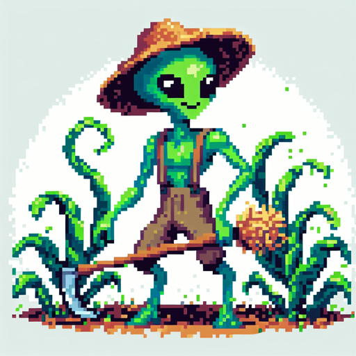 pixel art of a cute alien farmer, side view.
Game asset. 2d. Blank background. High contrast. No shadows.