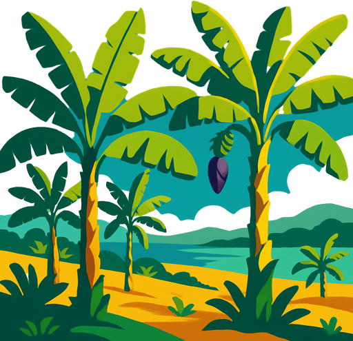 relaxing banana tree landscape.
In-Game asset.  2d.  High contrast.  No shadows