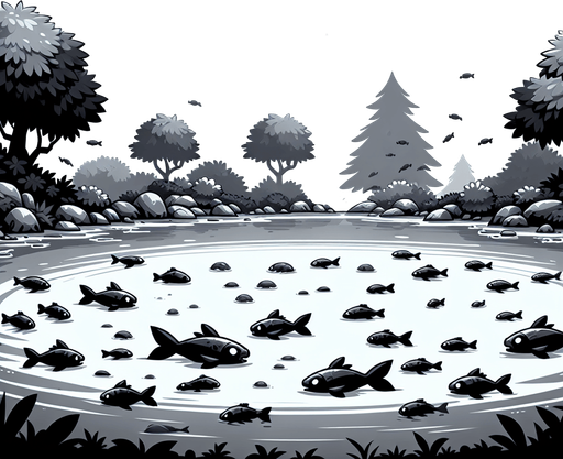 yuvarlak balıklı göl.
Single Game Texture.  In-Game asset.  2d.  Blank background.  High contrast.  No shadows