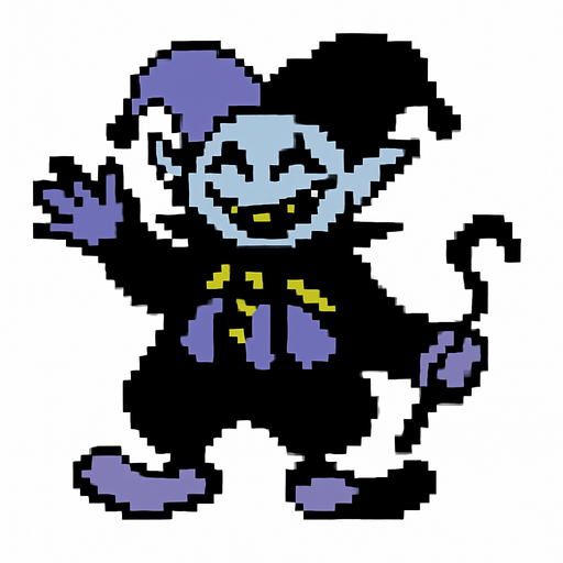 Jevil, un jefe del capitulo 1 de deltarune, es pixleado y el fondo detras de este es color blanco.
In-Game asset.  2d.  High contrast.  No shadows
