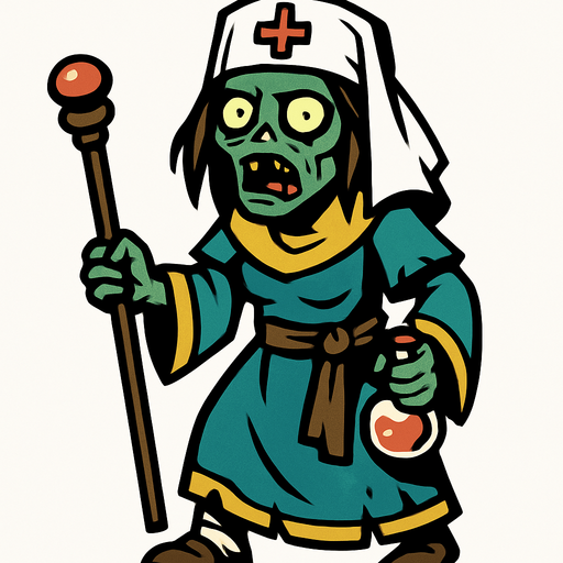 2D. Healer zombie. Like a female zombie in a healer costume..
In-Game asset.  2d.  High contrast.  No shadows