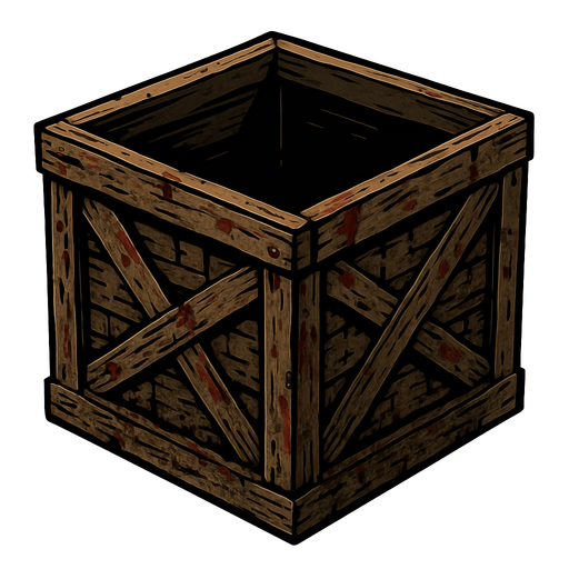 "An open-top, cube-shaped wooden crate found during the zombie outbreak. png format. no background".
In-Game asset.  2d.  High contrast.  No shadows. cartoon