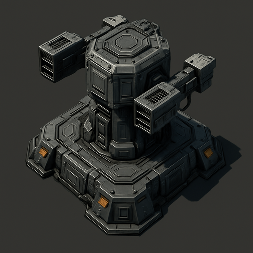 Namlusu olmayan, Teknolojik askeri kule, üstten görünüm, gerçekçi, yazısız.
In-Game asset.  High contrast.  No shadows
