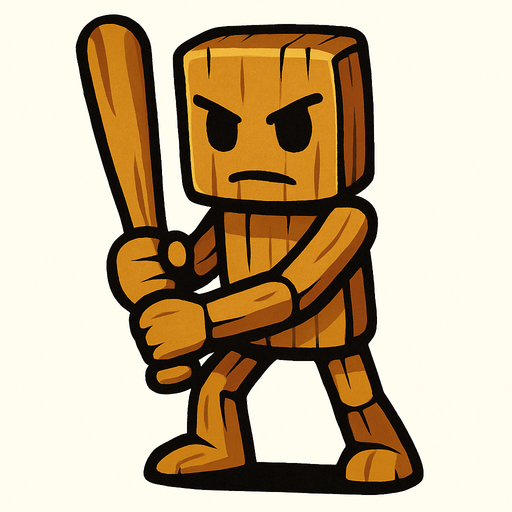 anthropomorphic wooden figure holding a baseball bat.
In-Game asset.  2d.  High contrast.  No shadows