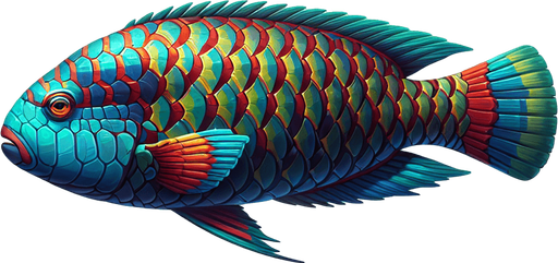 A realistic Parrotfish.
Single Game Texture. In-Game asset. 2d. Blank background. High contrast. No shadows.