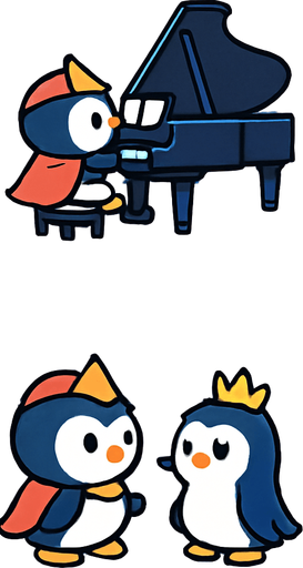 4-panel comic strip, no text, cute cartoon style, bright colors, black outlines.
Characters: Penguin Hero (small, determined) + Penguin Princess (elegant, crown) + Village Penguins
Central Theme: Music connects hearts, piano mastery wins love. Story: Hero's grand performance wins Princess's heart and village's admiration

Panel 1: Hero plays grand piano on large ice stage, whole village watching
Panel 2: Beautiful music fills the air, all penguins are enchanted, notes sparkle
Panel 3: Princess approaches Hero, heart symbols floating between them
Panel 4: Hero and Princess together at piano, playing duet, village celebrates with hearts/music notes everywhere.
In-Game asset.  2d.  High contrast.  No shadows