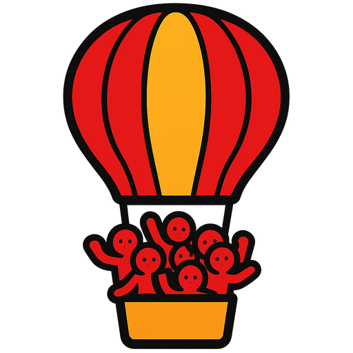 Hot air balloon full of red stickmen.
In-Game asset.  2d.  High contrast.  No shadows