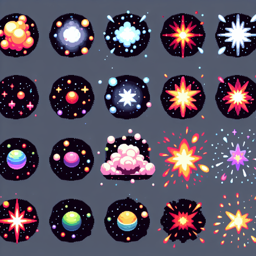 Varias explosiones espaciales pack.
Single Game Texture. In-Game asset. 2d. Blank background. High contrast. No shadows.