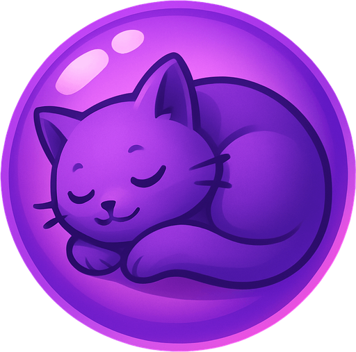 A purple bubble featuring a sleepy cat curled up inside, soft and dreamy, stylized for mobile game.
In-Game asset.  2d.  High contrast.  No shadows