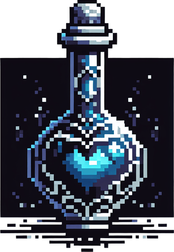gothic pixel art potion with a blue heart symbol
Single Game Texture. In-Game asset. 2d. Blank background. High contrast. No shadows.