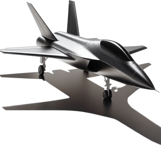 Cool jet standing up.
Single Game Texture.  In-Game asset.  2d.  Blank background.  High contrast.  No shadows