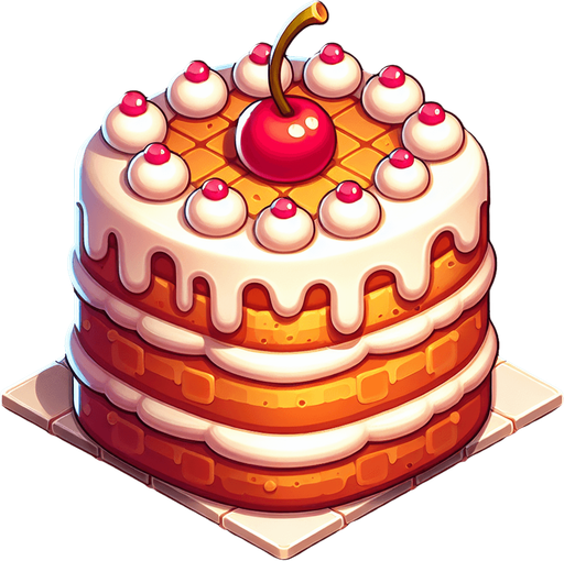 gâteau ( pas réaliste ).
Single Game Texture. In-Game asset. 2d. Blank background. High contrast. No shadows.