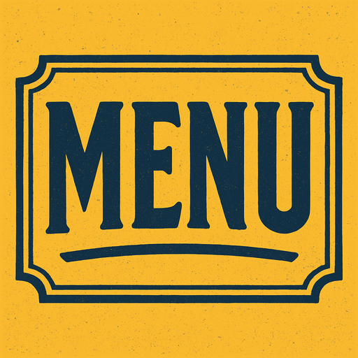 Menu yazan yatay bir resim oluştur . Arka Planı olmasın . Sarı Lacivert bir resim olsun.  retro temada olsun.
In-Game asset.  2d.  High contrast.  No shadows