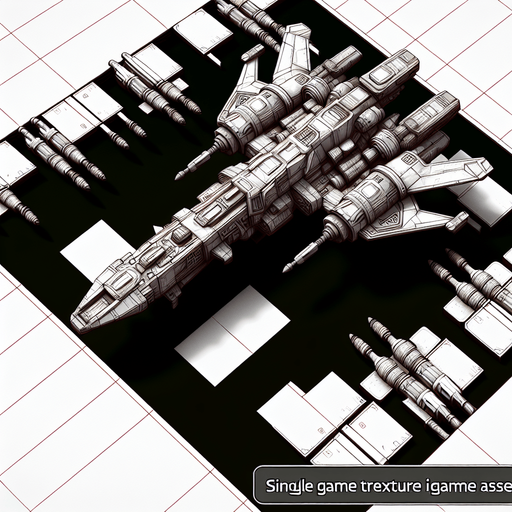 Космолет с оружием и видом с верху.
Single Game Texture. In-Game asset. 2d. Blank background. High contrast. No shadows.