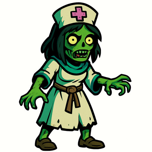 2D. Healer zombie. Like a female zombie in a healer costume..
In-Game asset.  2d.  High contrast.  No shadows