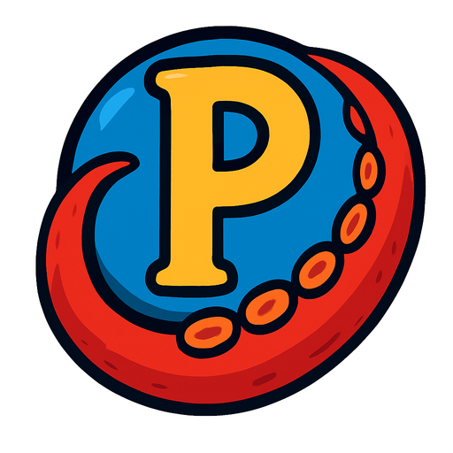 una p dentro de una esfera con un brazo de un pulpo rojo rodeandola.
In-Game asset.  2d.  High contrast.  No shadows