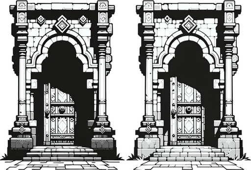 Two doorways.
Single Game Texture.  In-Game asset.  2d.  Blank background.  High contrast.  No shadows