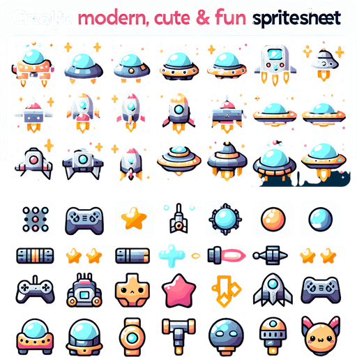 Spritesheet, modern, mobile game, cute, fun.
Including spaceships, UFOs, Guns, Boosters, Powerups, Asteroids..
In-Game asset. 2d. Blank background. High contrast. No shadows.