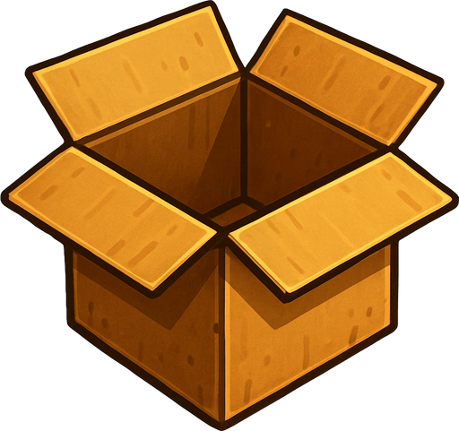 open cardboard box.
Single Game Texture.  In-Game asset.  2d.  Blank background.  High contrast.  No shadows