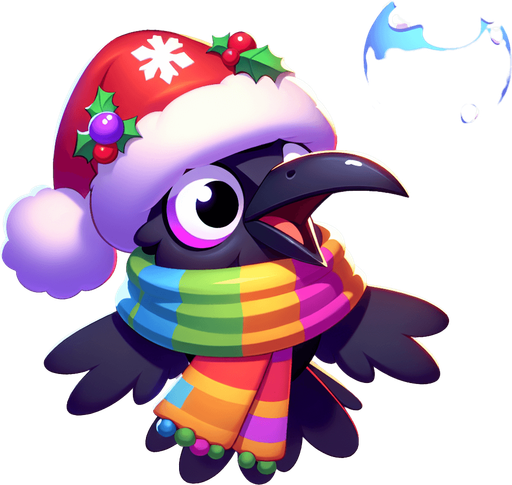 raven with christmas hat and colorful scarf got hit by a snowball in the air, he is shocked, cartoon Single Game Texture. In-Game asset. 2d. Blank background. High contrast. No shadows.