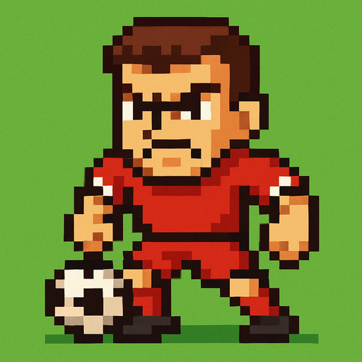 angry lookin red suit pixelart soccer player.
In-Game asset.  2d.  High contrast.  No shadows