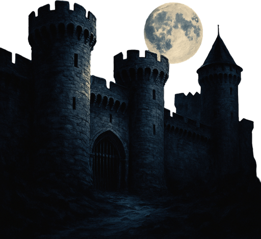 gece yarısı eski ve gerçekçi bir kale resmi.
In-Game asset.  2d.  High contrast