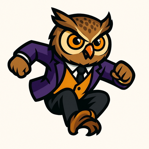 A stylized cartoon owl mascot with a sharp business suit, resembling a professional professor or detective. The owl has large expressive orange eyes, a speckled brown head, and detailed feathers. Its body is in mid-jump pose as if performing a parkour leap, arms slightly bent for momentum, legs tucked upward. The style is clean 2D vector art with high contrast, no shadows, and vibrant colors. Purple blazer, golden vest, black tie remain consistent. Background is blank. Focus on dynamic motion and confident energy, game-ready sprite texture.
