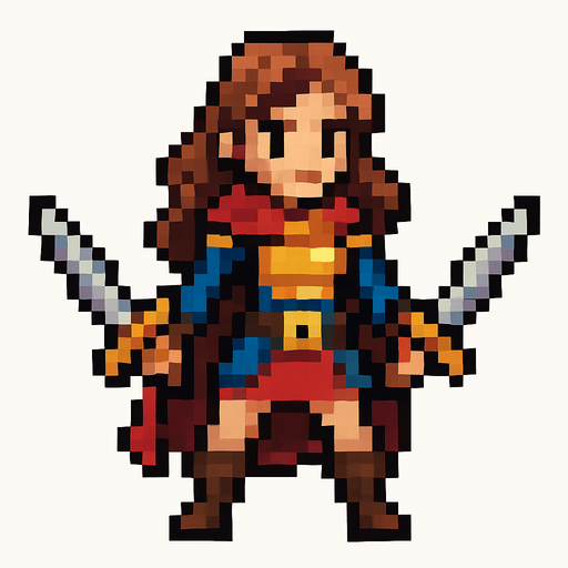 swords girl hero, standing, pixel art, no backgroun.
In-Game asset.  2d.  High contrast.  No shadows